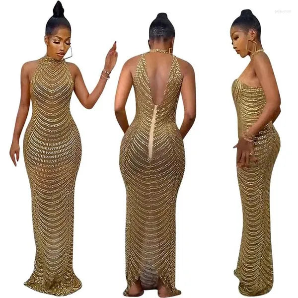 Casual Dresses O-neck Sparkly Rhinestone Bodycon Maxi Women Wedding Evening Backless Mesh See Through Night Club Birthday Party Dress