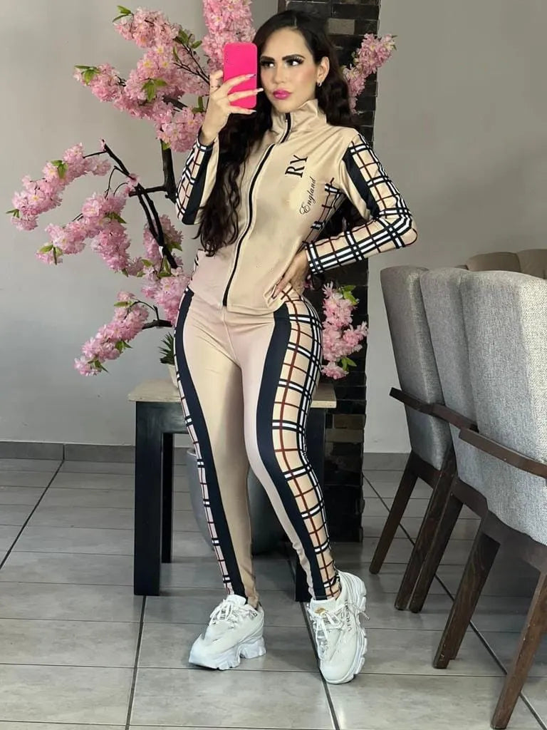 Womens Two Piece Sets 23SS Women Tracksuit Woman Sweatsuits Clothing brand coat zipper Long sleeved Pants Casual Outfit Sports Suit Classic plaid design Size S-2XL