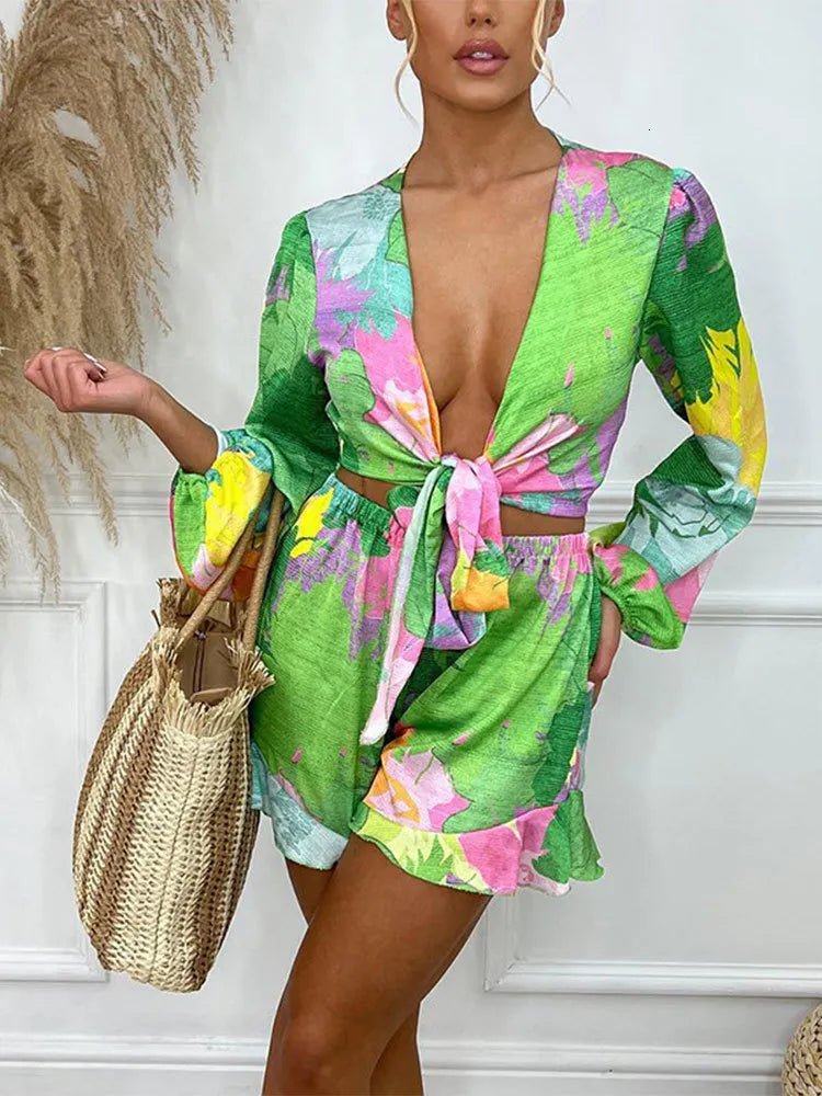 Womens Tracksuits Shorts Summer Suit Fashion Woman Blouses With Prints Two Piece Sets Long Sleeve Tops Female Flared Trouser Suits 230209