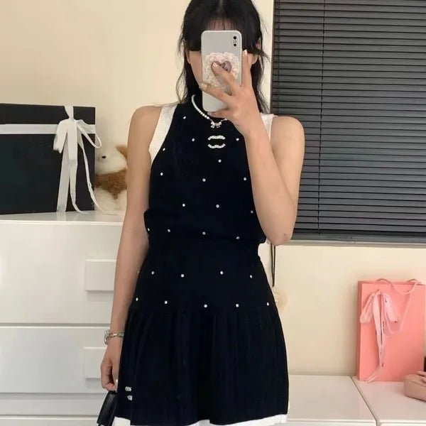 2024 Designer Paris Ladies Spring Summer 2 C letter embroidery sleeveless knit slim vest T-shirt + pleated skirt women outdoor golf leisure luxury two-piece set