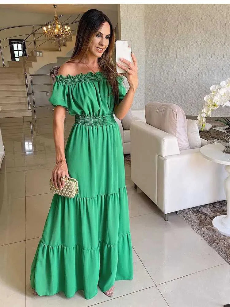 Basic Casual Dresses 2024 Summer Solid Boho Dress Women Fashion Elegant Beach Party Dress Casual Slash Neck Office Maxi Dresses For Woman Robe FemmeL2404