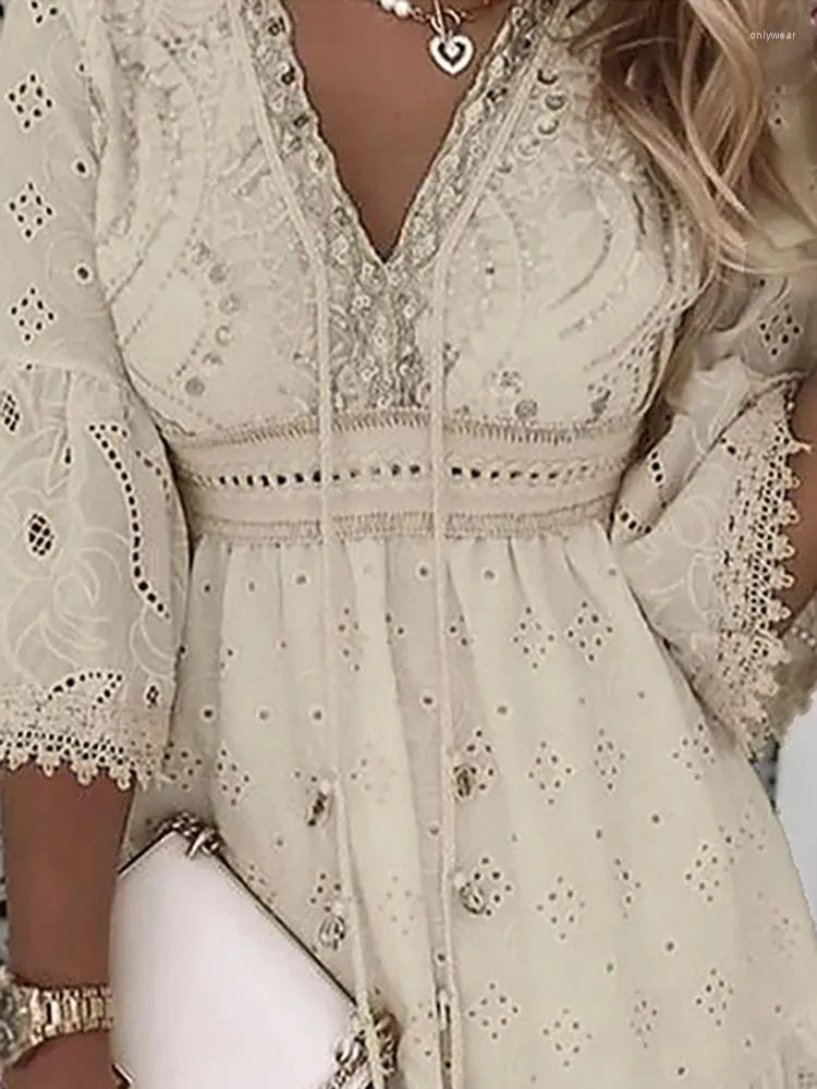 Casual Dresses White Lace Dress Women V Neck Up Female Patchwork Three Quarter Sleeve Vacation Beach Ladies A-line Party