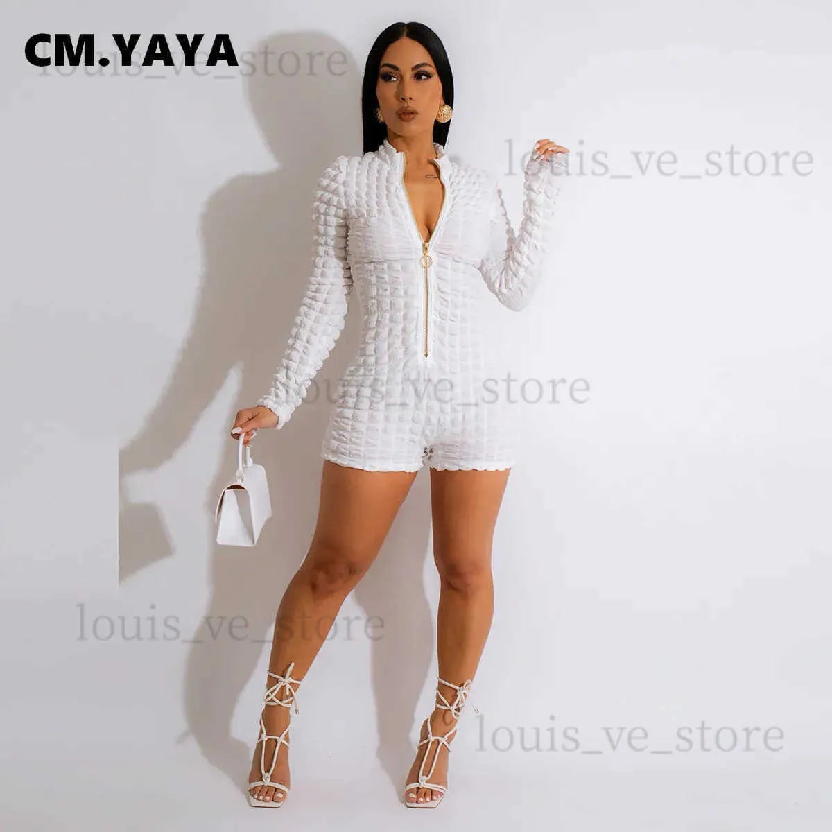 Women's Jumpsuits Rompers CM.YAYA Women Seersucker High Stretch Long Sleeve Zipper Fly Skinny Moto Biker Style Romper and Playsuit INS 2023 One Piece Suit T231202