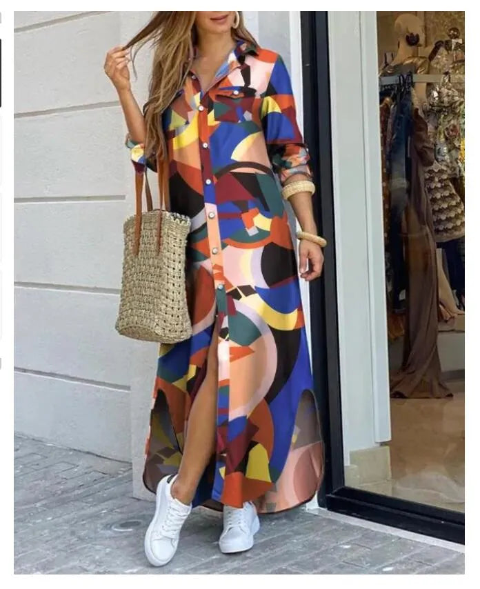 2014 Plus Size Fashionable Shirt Style Button Dress Ladies Casual Long Street Dresses Loose Home Maxi Women