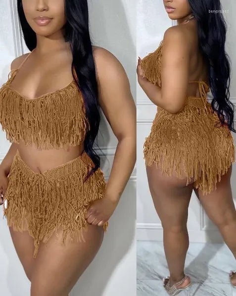 Women's Tracksuits Sexy Womens Two Piece Sets Outfit Spaghetti Strap Crop Crochet Top & Tassel Design Shorts Set Fashion 2023 Summer