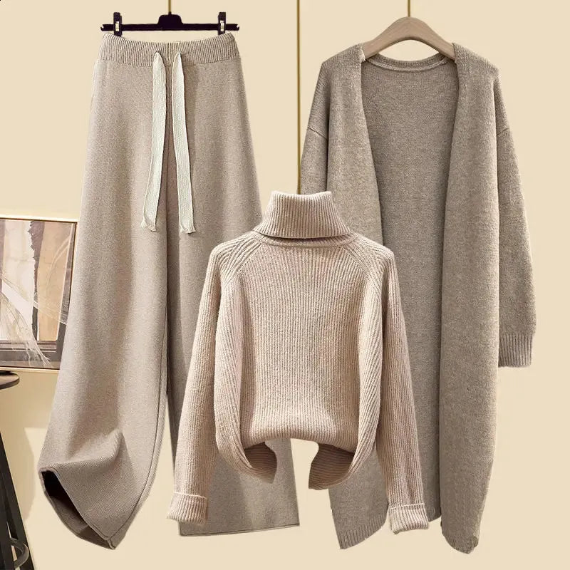 Autumn/Winter Set Long Cardigan CoatKnitted SweaterHigh Waist Wide Leg Trousers Casual Womens Three Piece Set 240127