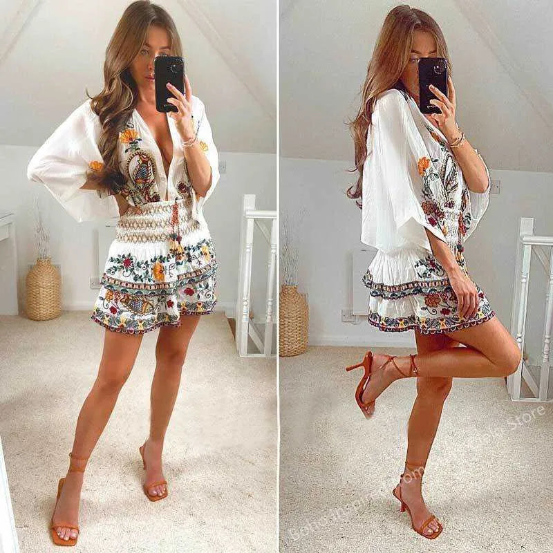 Casual Dresses BOHO INSPIRED floral embroidery boho dress Vneck batwing sleeve dress women elastic waist pleated chic holiday party dress new Z0216