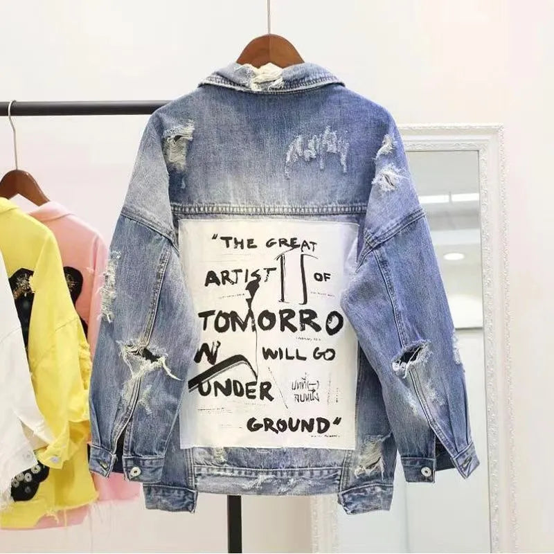 Women's Jackets Rugod New Vintage Letter Print Frayed Jean Jacket Women Autumn Winter Ripped Hole Denim Coat Female Bomber Casaco Denim Jacket