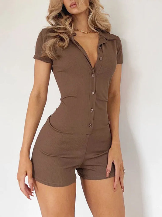 Women's Jumpsuits Rompers Rib Black Jumpsuit Women Turn Down Collar Short Sleeve Bodysuits Single Breasted Button Ropa De Mujer Bodycon Romper 230721