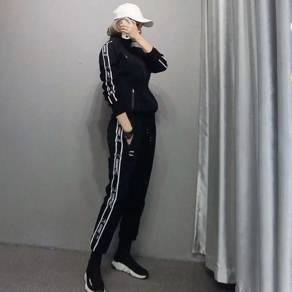 designer tracksuit women set fashion side letter print graphic sportswear stand-up collar cotton zipper jacket two piece Set