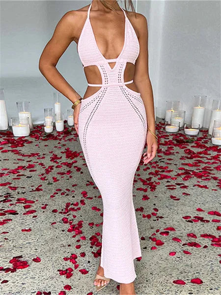 wsevypo Women Halter Tieup Knit Crochet Beach Dress Sexy Backless Sleeveless Deep V Cutout Waist Wrapped Bodycon Dress Clubwear L230621