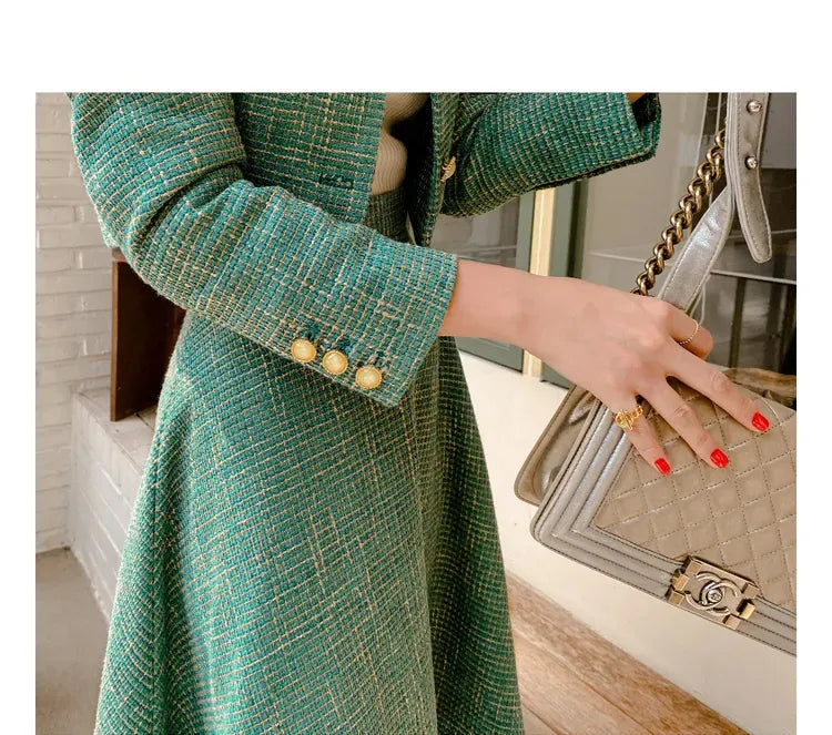 Two Piece Dress Elegant Tweed Woolen Jacket and Long Skirt Two Piece Set Women Autumn Winter Dress Suit Fashion Designer Green Party Outf 2024