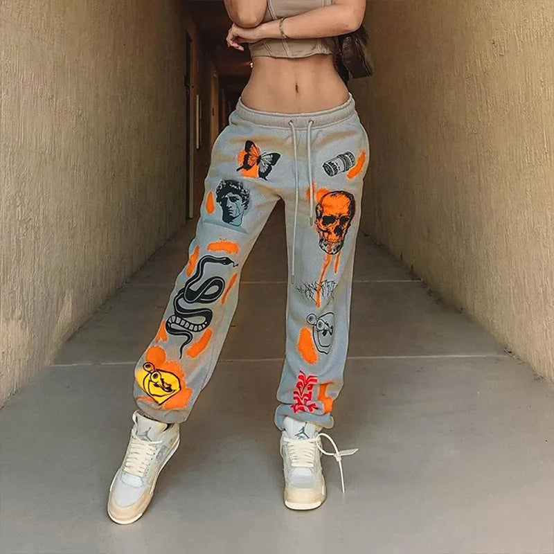 Women's Pants Capris Women Sweat Pant Harajuku Butterfly Skull Printed Trousers Jogger Cargo Pants Loose Streetwear Autumn Winter Sweatpant Casual 230417