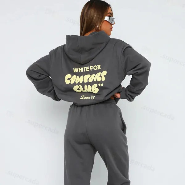 Sweatshirts WF-Women Women's Hoodies Letter Print 2 Piece Outfits FOX Cowl Neck Long BLACK WHITE Sleeve Sweatshirt and Pants Set Tracksuit Pullover Hooded Sports suit