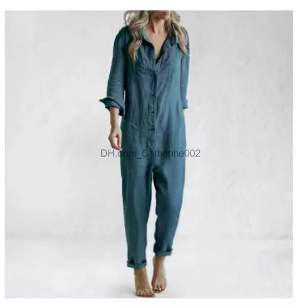 Women's Jumpsuits Rompers Cotton Jumpsuit Sexy Vintage Romper Long Pants Women Slim Bodycon Jumpsuits Long Sleeve Army Green Solid Casual Cargo Pants T231023