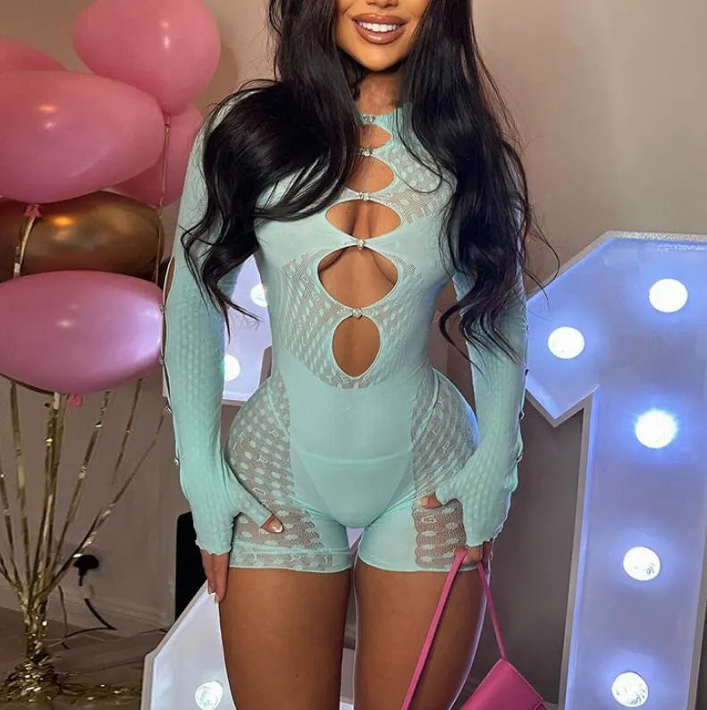 Women's Sexy Hollow Out Long Sleeve Jumpsuit Women Romper Club Hole See Through Mesh Ladies Playsuits Slim Stitching Shorts