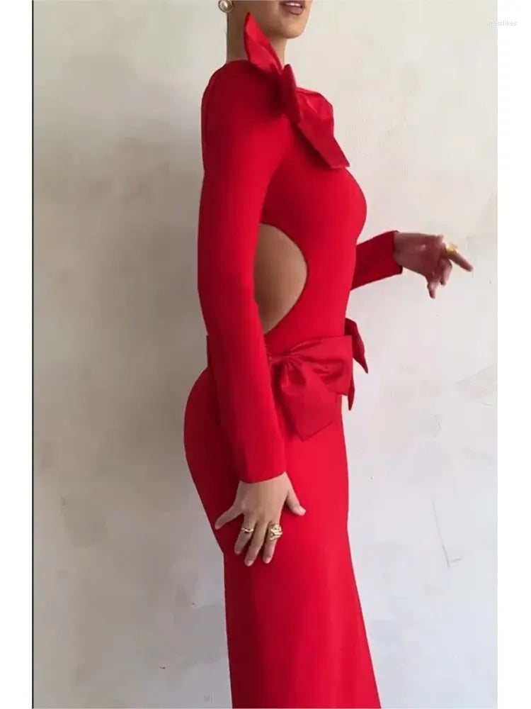 Casual Dresses Christmas Red Bow Backless Gown Dress Long Sleeve High Split Side Cut Out 2023 Ladies Party Festival Evening Robes