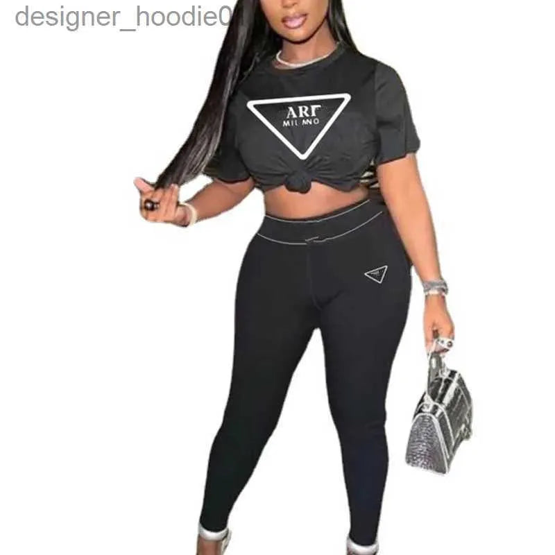 Women's Tracksuits Womens Clothing Designer Track Suit Casual Two Piece Set 2023 Summer Fashion Round Neck Short Sleeve LeisureTight pants Sets L230914