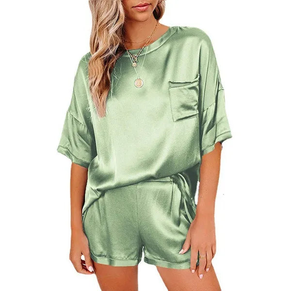 Women's Tracksuits Satin Silk Women Sets Pockets T Shirts and Elastic Waist Shorts Suit Pajama Spring Summer 2 Piece Set Homewear G2598 230209