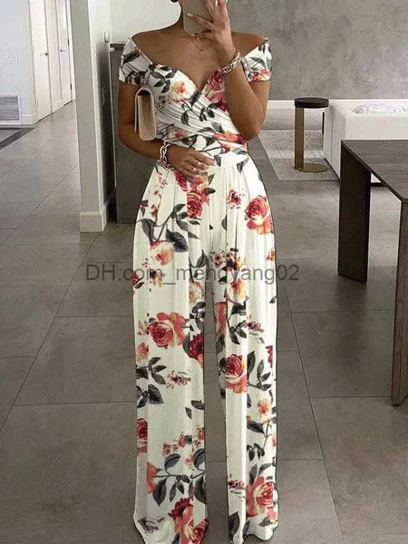 Women's Jumpsuits Rompers Floral Print Jumpsuit Summer Chic Women Straight Party Overalls Y2k Club Romper Elegant Off Shoulder Sleeveless Party Jumpsuits T230504