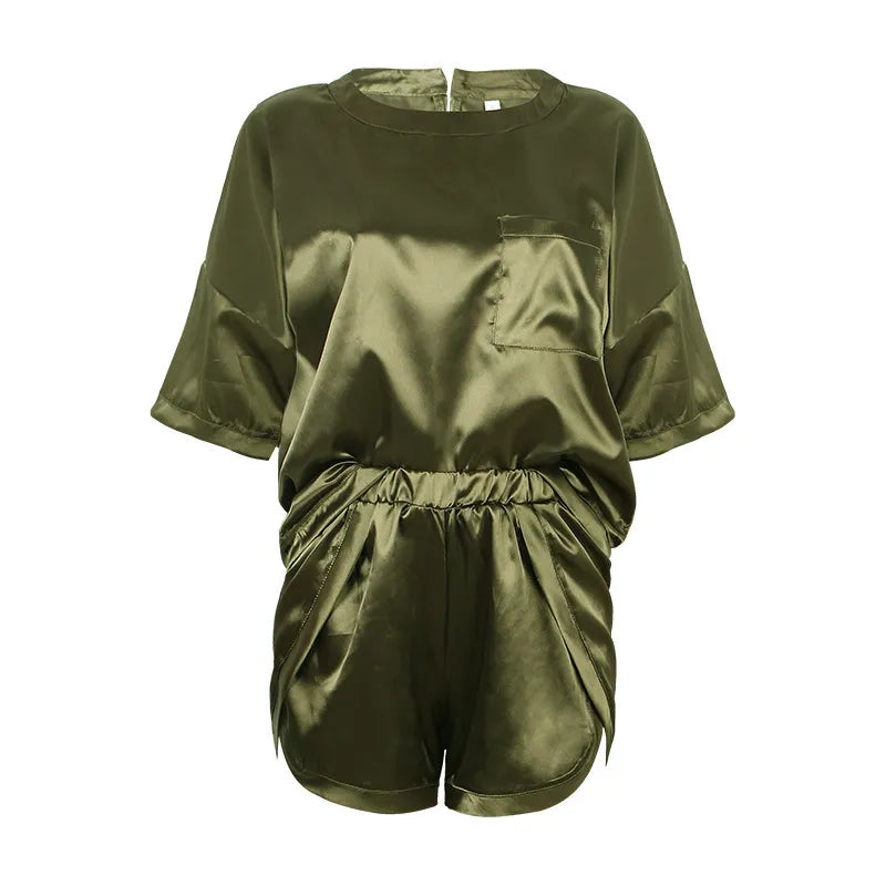 Women's Tracksuits Satin Silk Women Sets Pockets T Shirts and Elastic Waist Shorts Suit Pajama Spring Summer 2 Piece Set Homewear G2598 230209