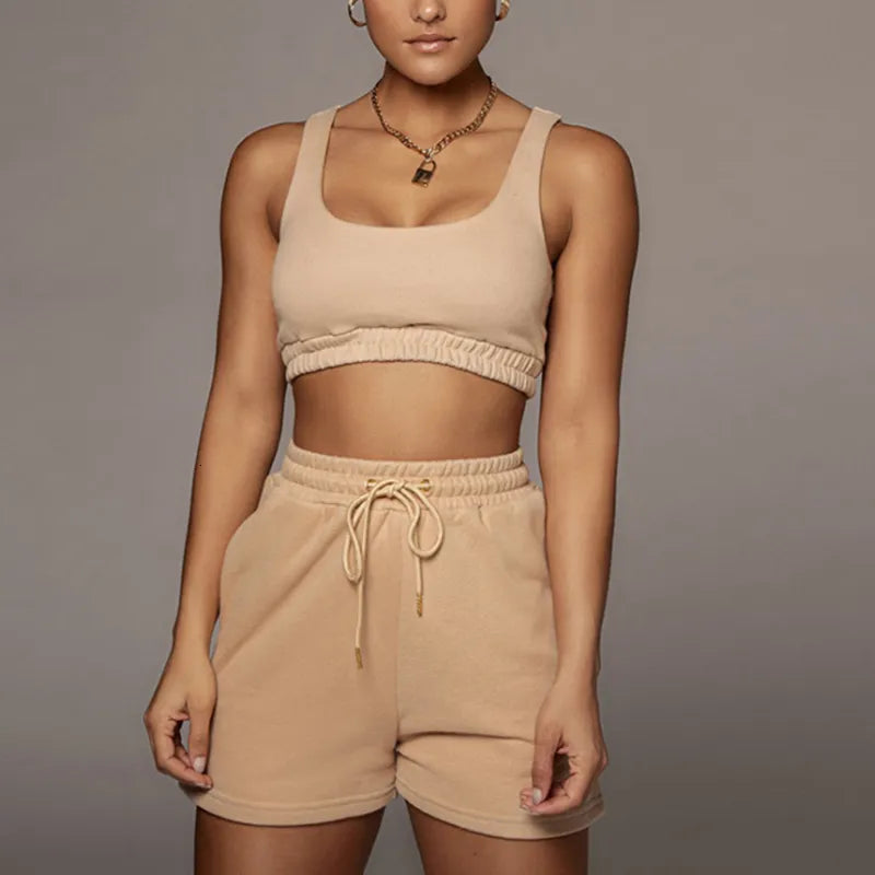 Women's Two Piece Pants Casual Solid Sportswear Two Piece Sets Women Crop Top And Drawstring Shorts Matching Set Summer Athleisure Outfits 230316