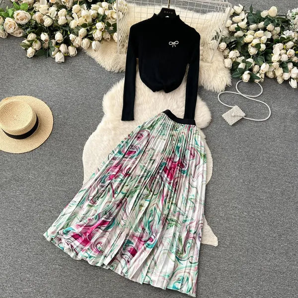 Two Piece Dress Runway Designer Pullover Knitted Black Tops and Long Pleated Skirt Suit Autumn Women Two Piece Sets Elegant Casual Party Outfit 2024