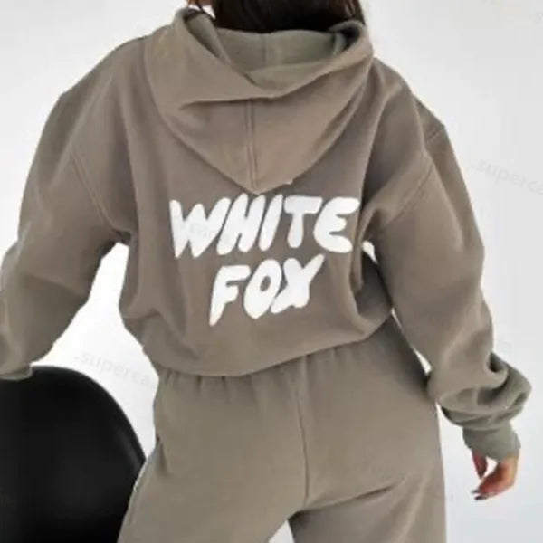 Sweatshirts WF-Women Women's Hoodies Letter Print 2 Piece Outfits FOX Cowl Neck Long BLACK WHITE Sleeve Sweatshirt and Pants Set Tracksuit Pullover Hooded Sports suit