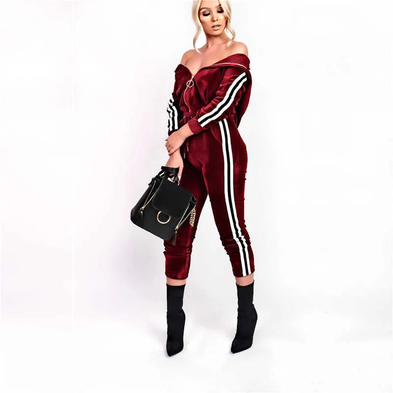 Women's Tracksuits New Arrival Womens Strip Spliced Velvet Tracksuit Winter Two Piece Set Top and Pants Full Sleeve Casual Velour Swea269o