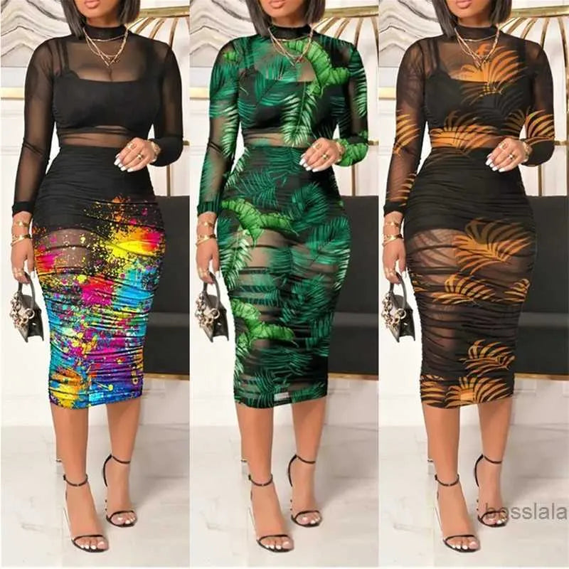 Womens Clothes Designer Dress 2023 New Black Skirt Top With Printed Sexy Mesh Medium Length Dresses Three Piece Set