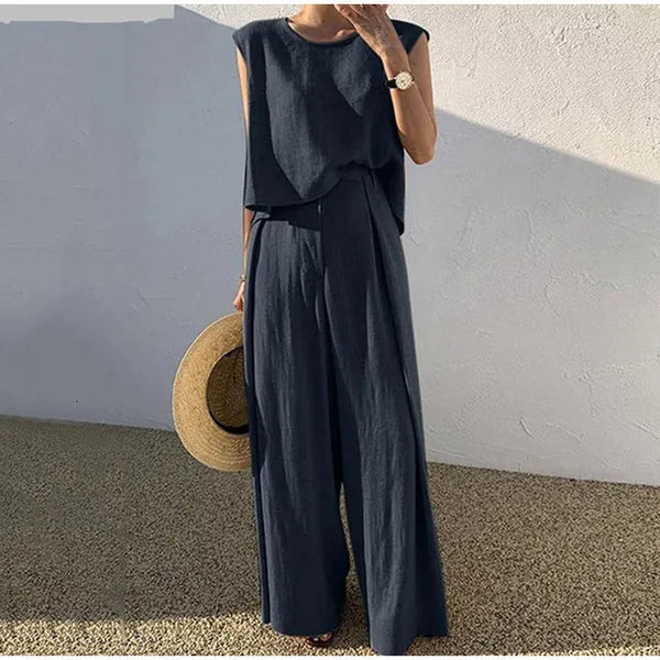 Women's Tracksuits Women Cotton Linen Suits Summer Sleeveless O-Neck Tank Top Wide Leg Pants Two Piece Sets Female Fashion Casual Solid Loose Suits 230504