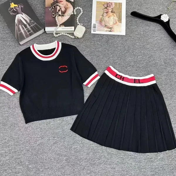 2024 designer summer new letter embroidery round neck short sleeve high quality knitwear + elastic waist pleated skirt two-piece set for women