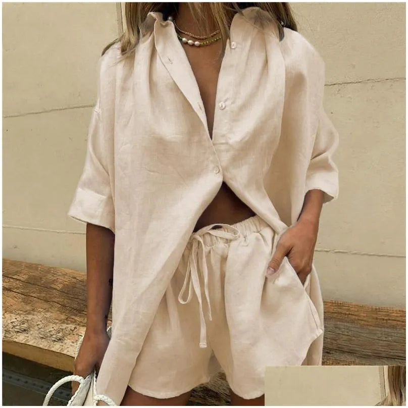 Women'S Tracksuits Womens Women Lounge Wear Shorts Set Short Sleeve Shirt Tops And Loose Mini Suit Two Piece Cotton Linen Summer Tra Dhgey