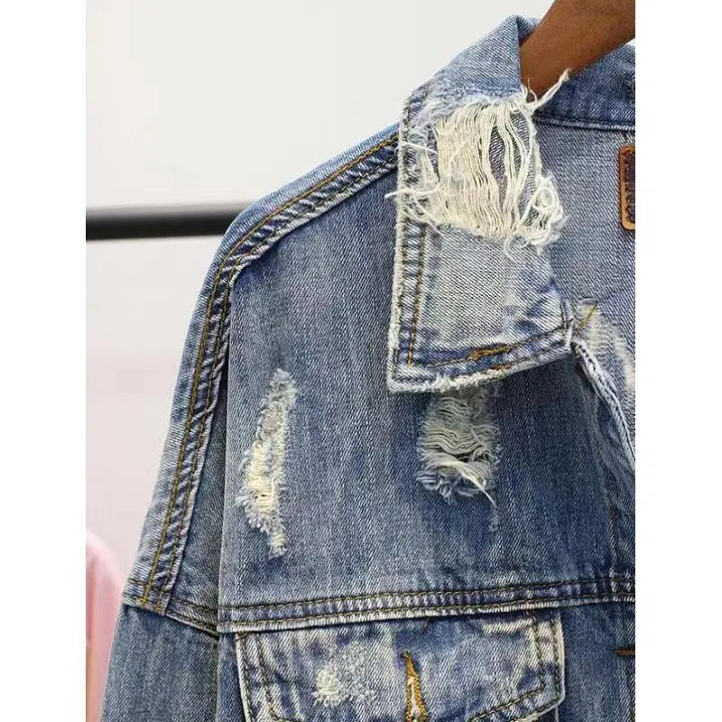 Women's Jackets Rugod New Vintage Letter Print Frayed Jean Jacket Women Autumn Winter Ripped Hole Denim Coat Female Bomber Casaco Denim Jacket