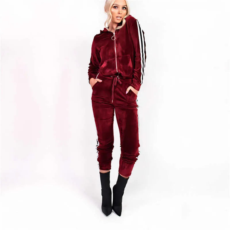 Women's Tracksuits New Arrival Womens Strip Spliced Velvet Tracksuit Winter Two Piece Set Top and Pants Full Sleeve Casual Velour Swea269o