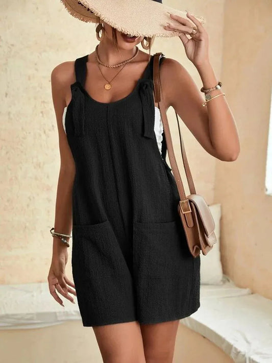 Womens Summer Jumpsuit Overalls Short Loose Sleeveless Wide Leg Overall Solid Casul Daily Banggy Romper with Pockets Black 240315