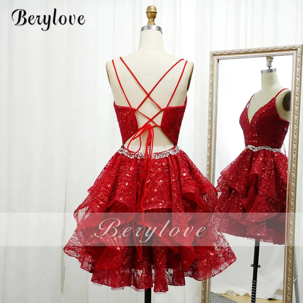 Berylove Homecoming Dresses Spaghetti Straps Sparkle Graduation Dress Mini Above Knee Party Dresses Prom Cocktail Dress 231227