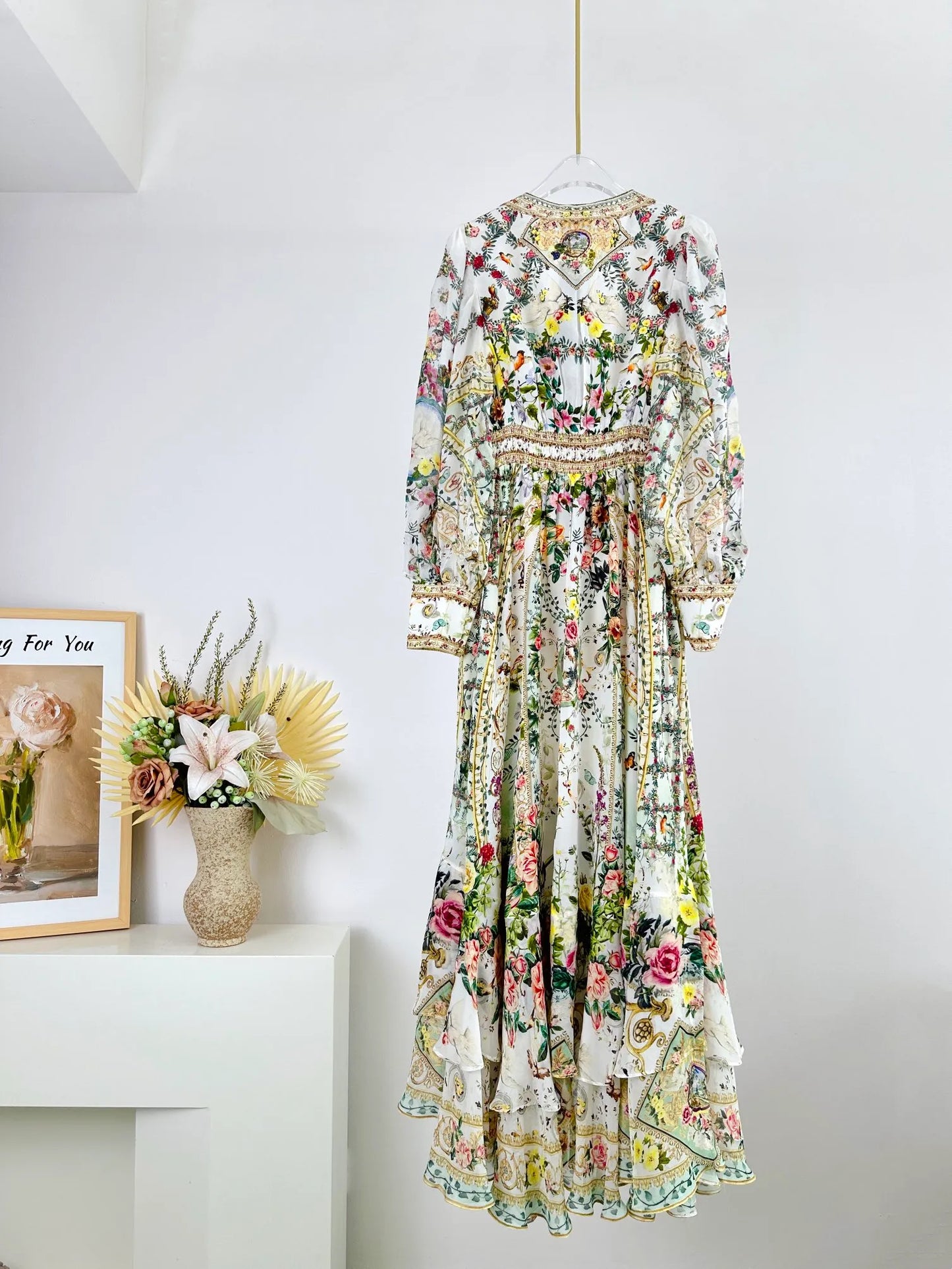 2024 Spring/Summer New Silk Printed V-neck Layered Long Dress