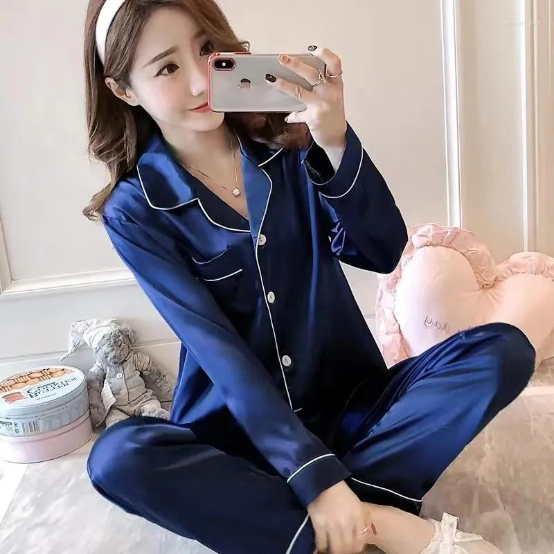 Women's Sleepwear 2023 Silk Satin Pajamas Set Woman Printed Long Sleeve Pijamas Suit Female Homewear Two Piece Loungewear Pjs Plus Size