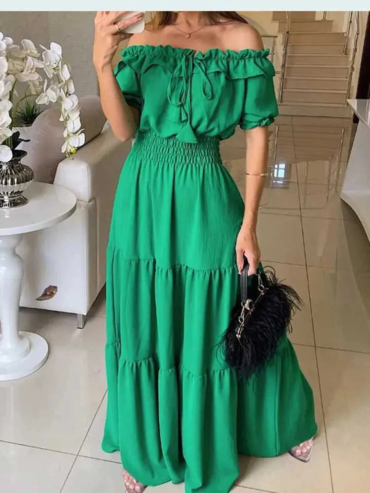 Basic Casual Dresses 2024 Summer Solid Boho Dress Women Fashion Elegant Beach Party Dress Casual Slash Neck Office Maxi Dresses For Woman Robe FemmeL2404