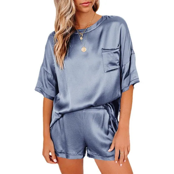 Women's Tracksuits Satin Silk Women Sets Pockets T Shirts and Elastic Waist Shorts Suit Pajama Spring Summer 2 Piece Set Homewear G2598 230209