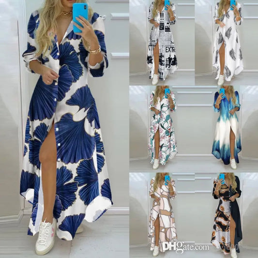 Autumn Maxi Dresses For Women Button Down Blouses Shirt Printed Lapel Neck Party Dress Womens Casual Long Sleeve Oversized