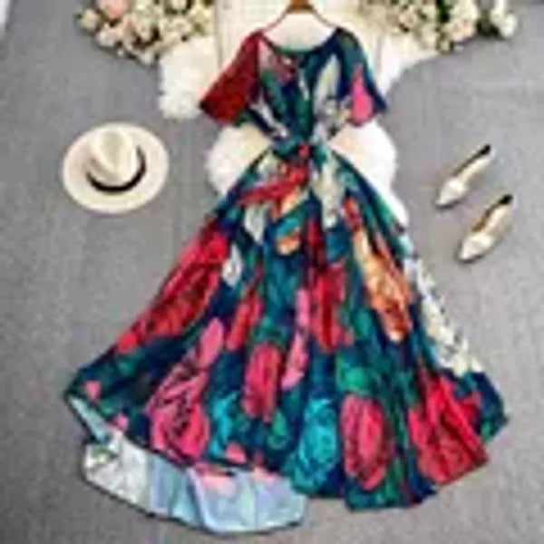 Casual Dresses Summer Bohemian Women Short Sleeve Sashes High Waist Oversize Chic Dress Fashion Floral Loose Pleated A Line Long Dress 2024