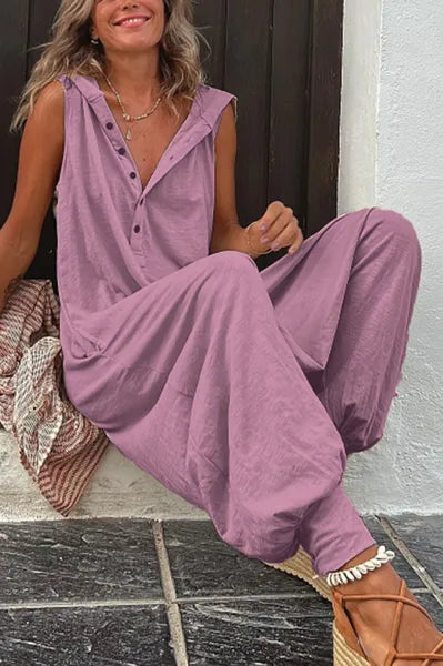 Women's Jumpsuits Rompers Beach Cross-pants Playsuit Fashion Loose Solid Sleeveless Hooded Romper Streetwear Vintage Button Jumpsuit Summer Women Causal 230720