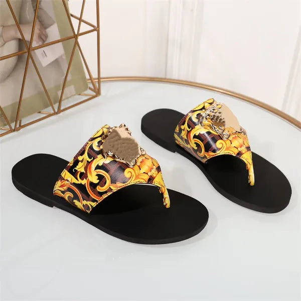 A classic sandals women's shoes designer shoes slippers fashion lettered printed leather flat bottomed sandals luxury wedding party dress shoes sizes 34-43