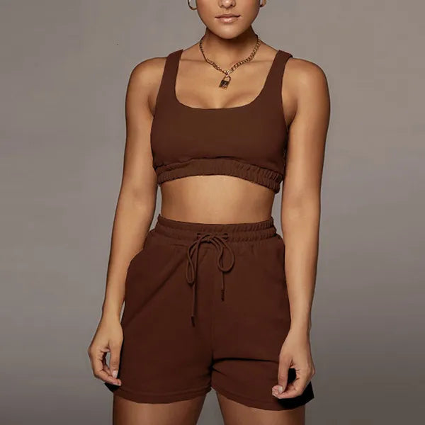 Women's Two Piece Pants Casual Solid Sportswear Two Piece Sets Women Crop Top And Drawstring Shorts Matching Set Summer Athleisure Outfits 230316