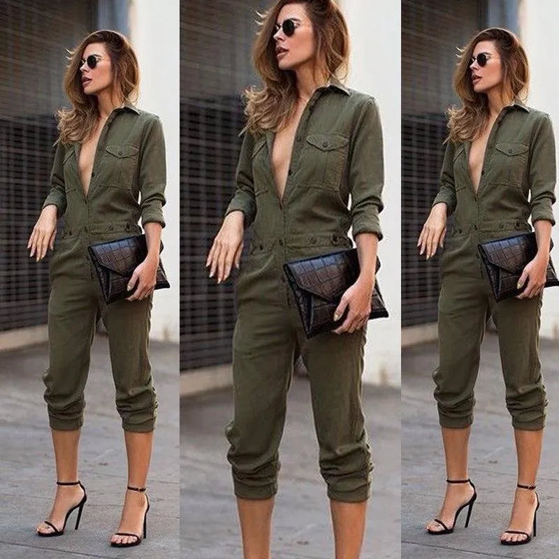 Women's Jumpsuits & Rompers Ladies Sexy Vintage Romper Long Pants Women Slim Bodycon Jumpsuit Sleeve Army Green Solid Casual Cargo