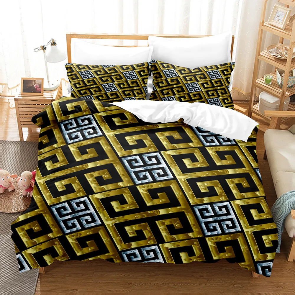 Bedding sets 3D Luxury Black Gold Bedding Sets Greek Key Meander Duvet Cover Sets Bed Linens Queen King Size Modern Geometric Bedspread 230605