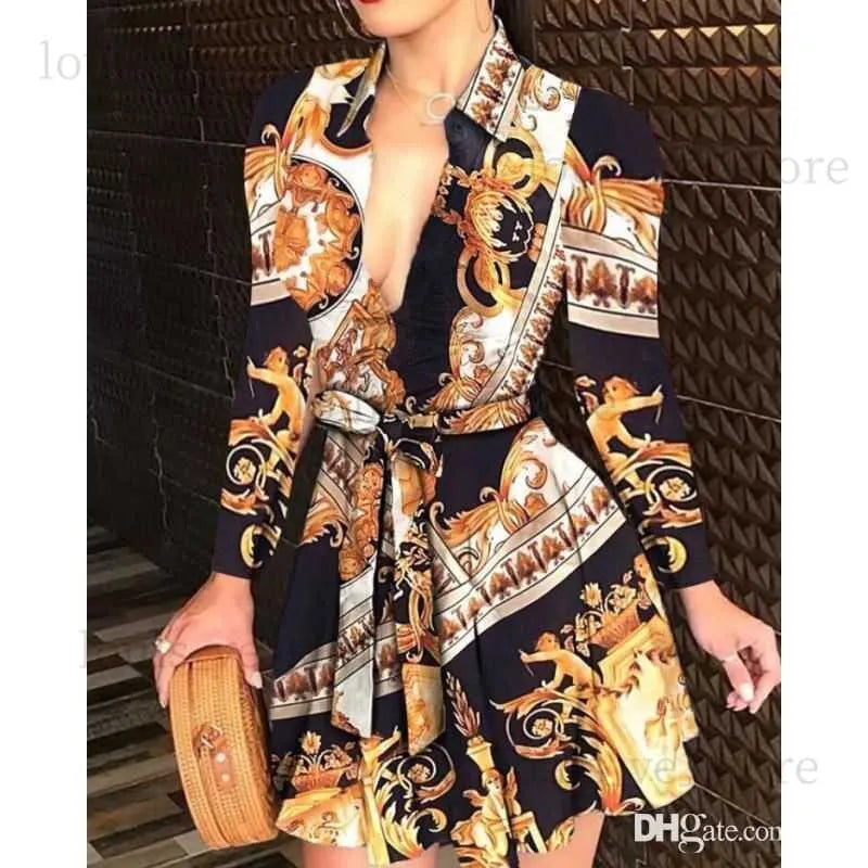 2023 Spring Casual Dresses Plus Size 3XL Women Lace Up Button Down Chain Printed Lapel Neck Party Dress Sexy Bandage Skirt 211 T230808