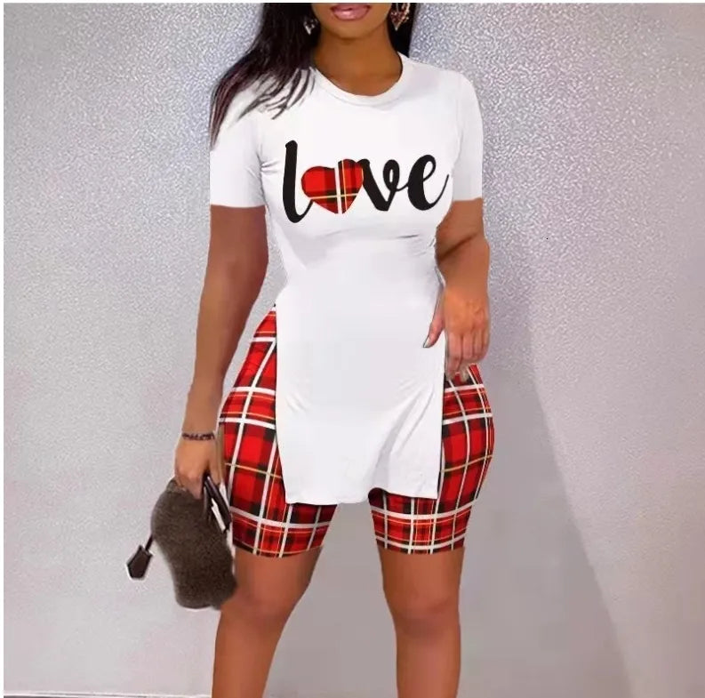 Women's Two Piece Pants Summer Women Shorts Suit Sets Short Sleeve Round Neck Plaid Letter Print Split Hem Top and Summer Shorts Set Woman Clothing Set 230515